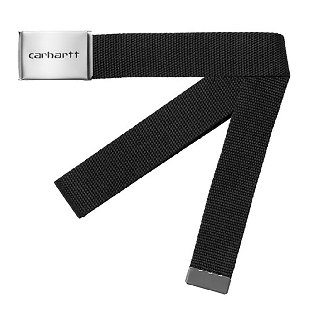 Black Carhartt belt with silver buckle with logo on it. Free UK shipping on orders over £50.