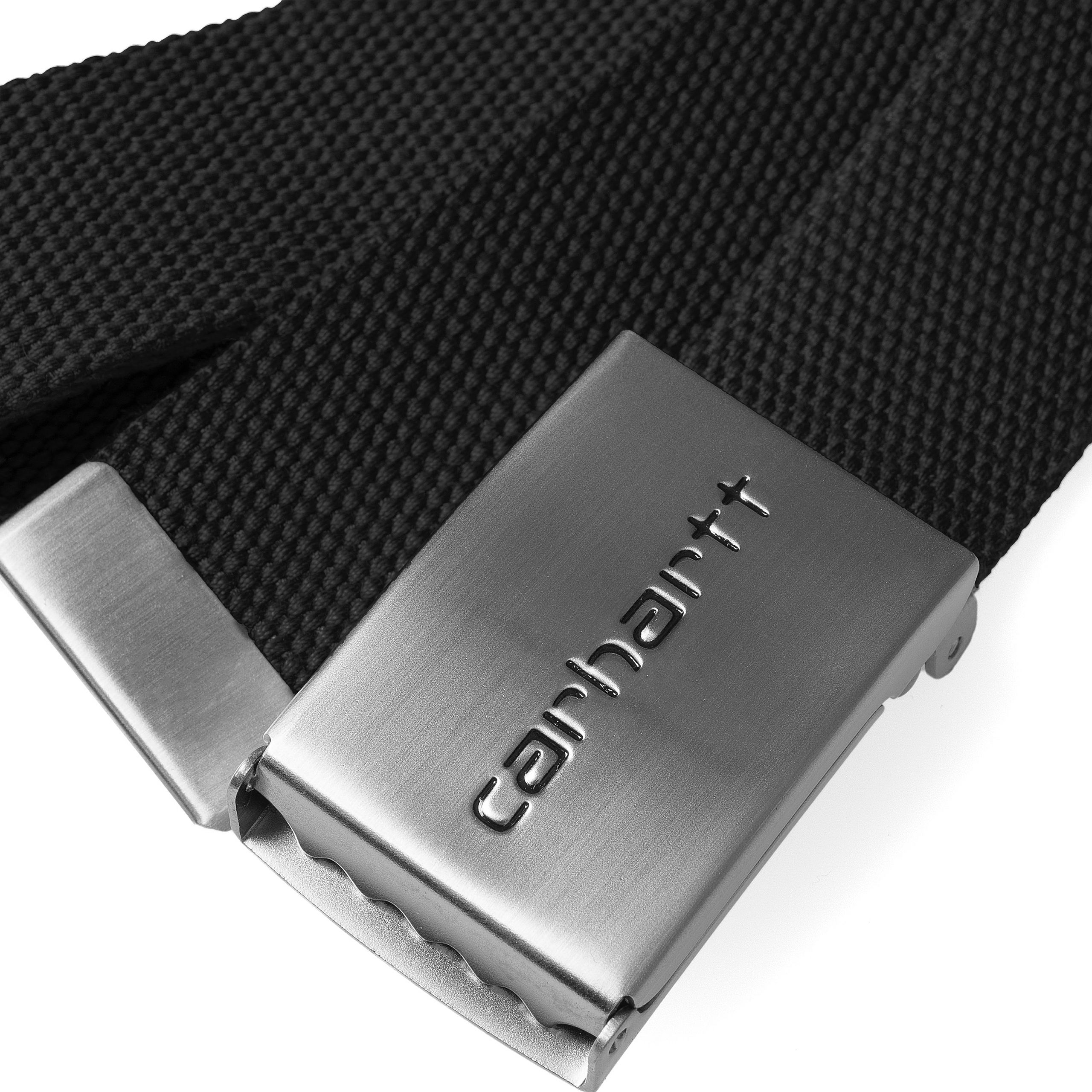 Black Carhartt belt with silver buckle with logo on it. Free UK shipping on orders over £50.