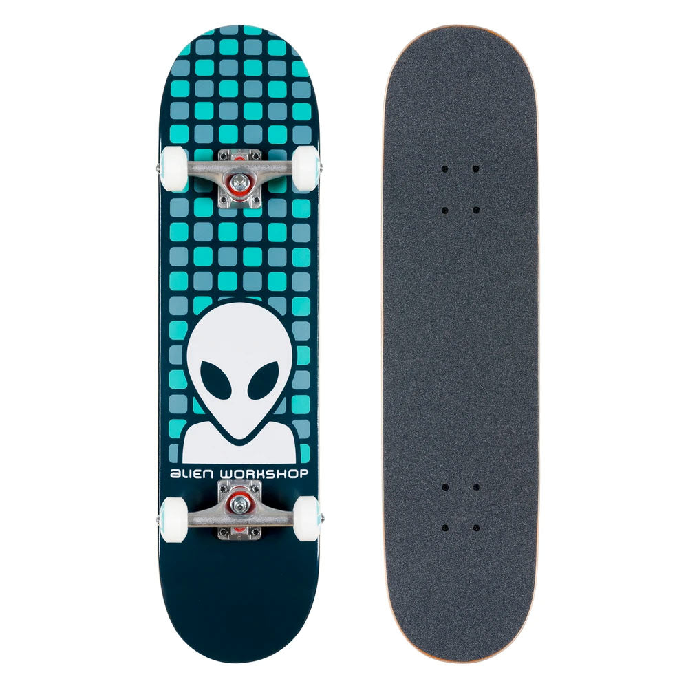 8 inch complete skateboard from alien workshop with matric graphic in teal